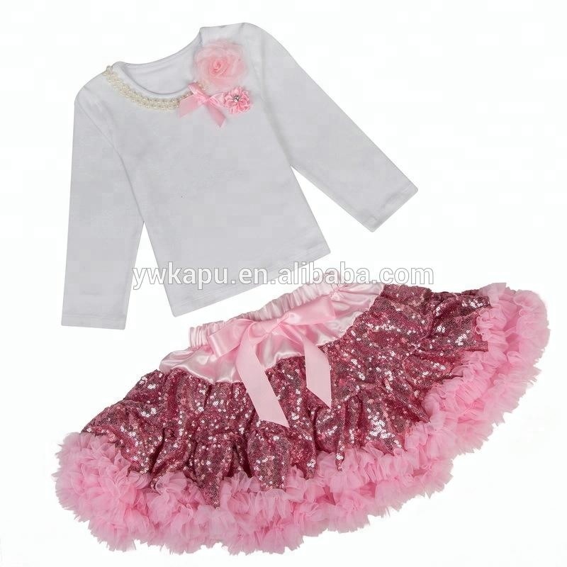 Wholesale children's boutique clothing flower decorate long sleeve top match sequin tutu skirt girl outfit