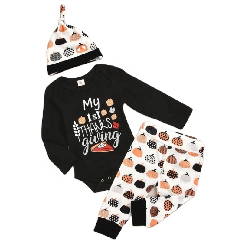 2021 cheap custom trendy cotton thanksgiving 3 piece baby romper set