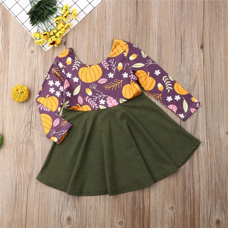 Factory pumpkin printed long sleeve dress infant girl kids clothes
