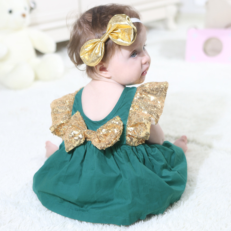 Wholesale Boutique Stylish Backless Baby Girls Dresses Rompers Jumpsuit with Sequin Ruffle Sleeve and Bow