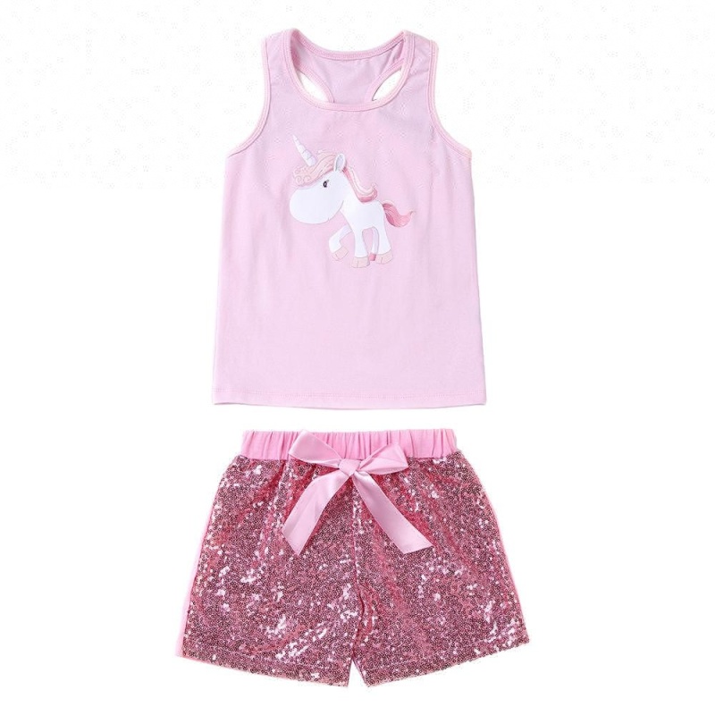 Unicorn Tank Top And Sequin Shorts With Bowknot Outfit Girls Clothing Set
