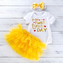 Thanksgiving day yellow short sleeve bow headband  layered mesh skirt three pieces baby rompers