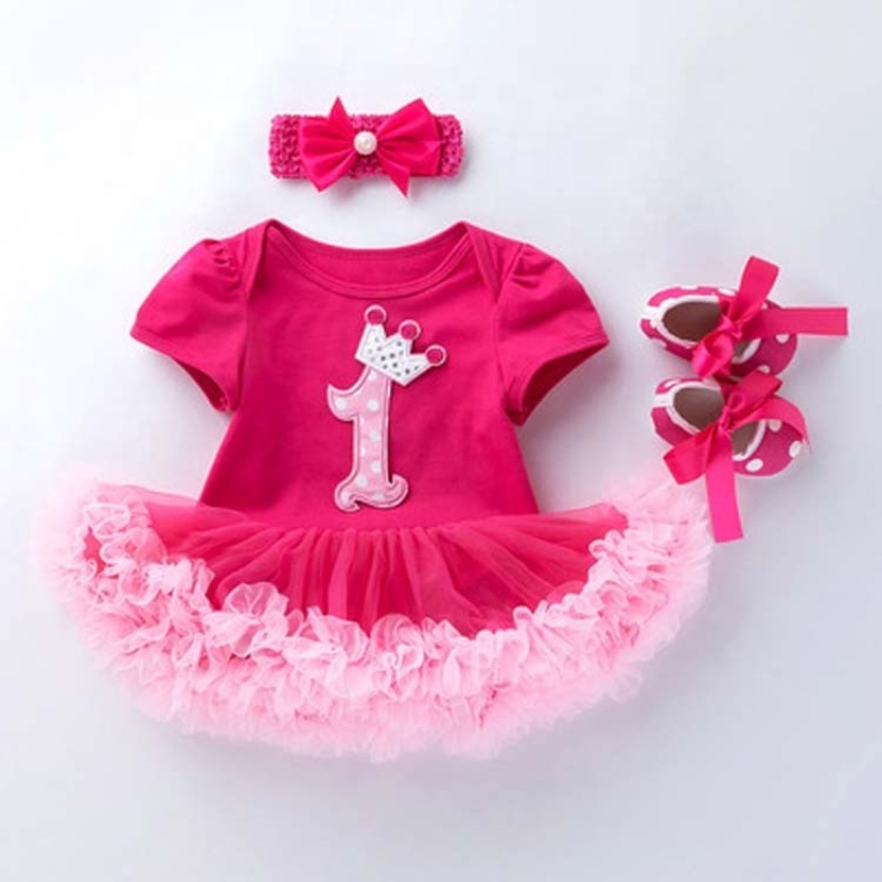 New Arrival Short Sleeve Toddler Birthday Tutu Dress With Baby Shoes And Headband Set