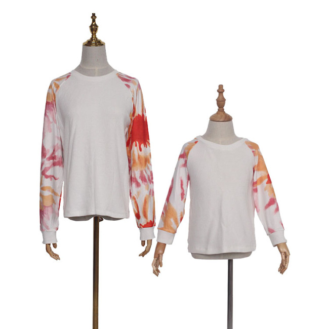 Wholesale causal tie dye splice t-shirt mommy and me 2-pcs set fall clothing