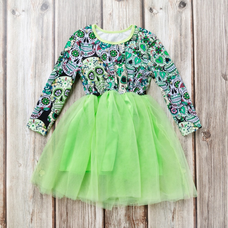 Cheap bone printed high quality long sleeve punk kid girl tulle layered dress