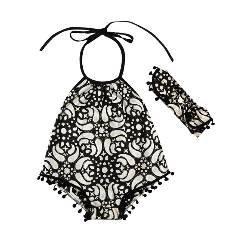 Lovely style cotton baby girl bodysuit flower printing sleeveless halter romper with pompom headband