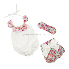 Wholesale Cotton Boutique Baby Floral Petal Romper With Bow Shorts And Matching Headband 