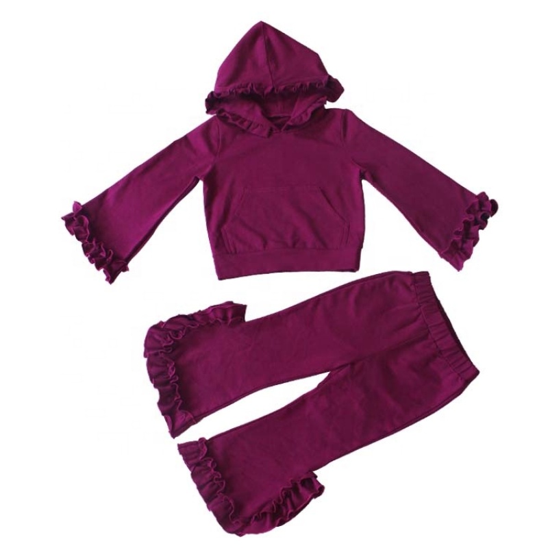  High Quality OEM Style Warm Fall Cotton Ruffle Girl Clothing Set With Hoodie