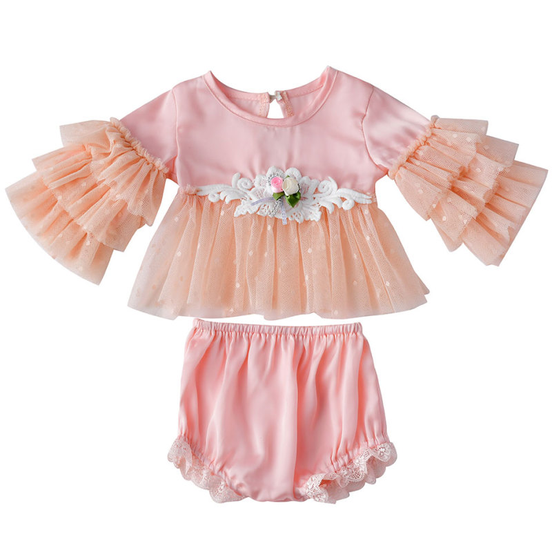 Boutique Cute Little Baby Girl Pink Long Sleeves Top With Ruffles And Lace Pants Clothing Set