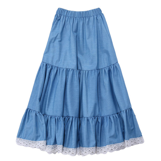 Boutique Hot Sale Kid A-line skirts Elastic Waist Skirt Lace Denim Long Skirts For Girl