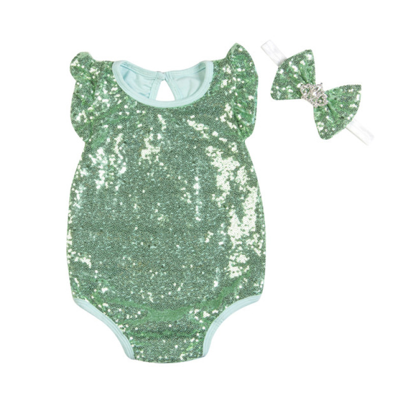 2018 New Arrival Infant Baby Sliver  Sequins Rompers Toddler Kids Clothes With Headband