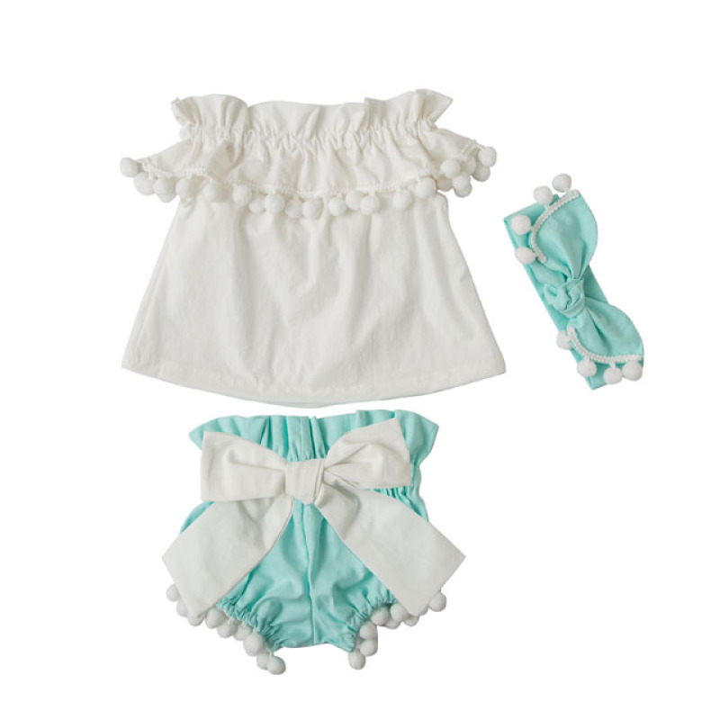 Factory Direct Sale Baby Girl Off Shoulder Pompom Clothes Sets Outfits For Summer