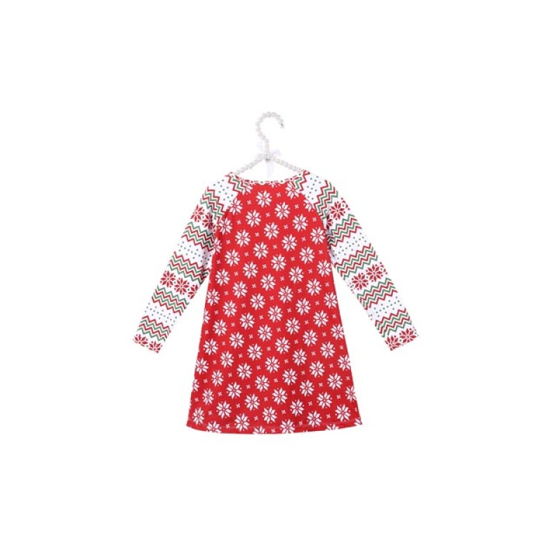Cheerful Red Color Long Sleeve Christmas Tunic Dress for Children Girls