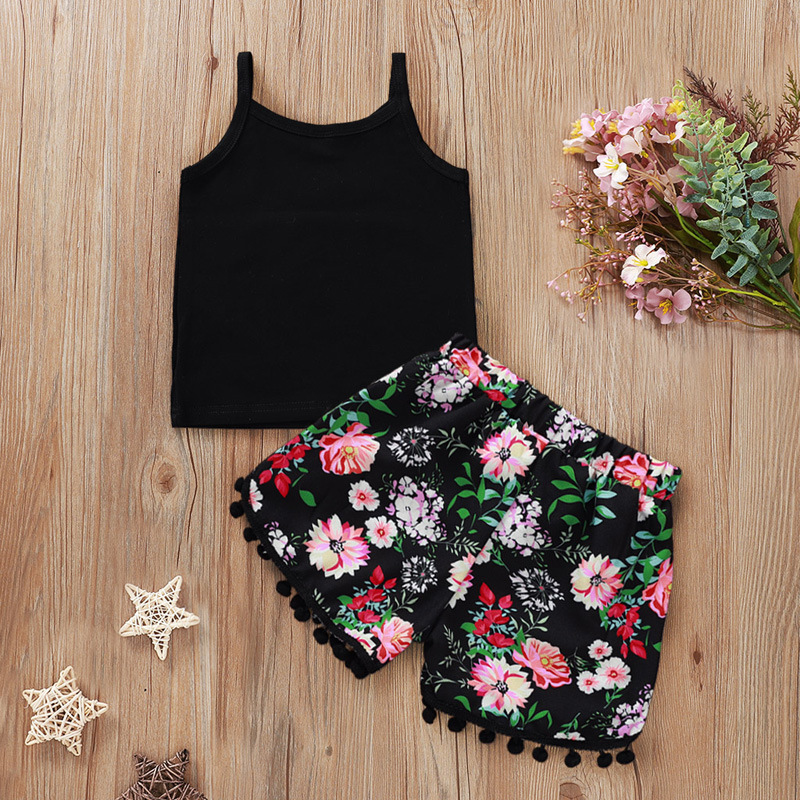 Wholesale Summer Baby Girls Suspender Shirts and Floral Patterns Printed Shorts Set