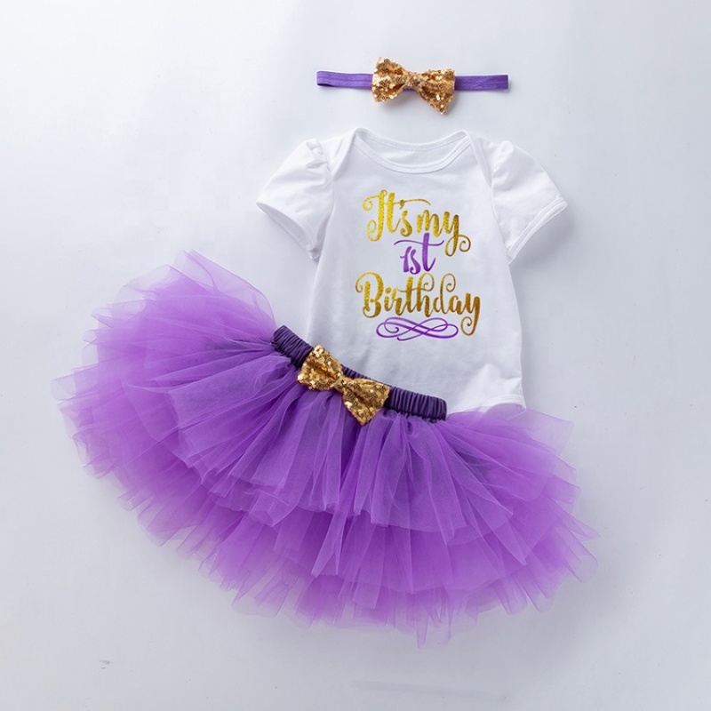 Factory Wholesale Girl Cotton Baby Romper Set With Tulle Skirts And Headband 