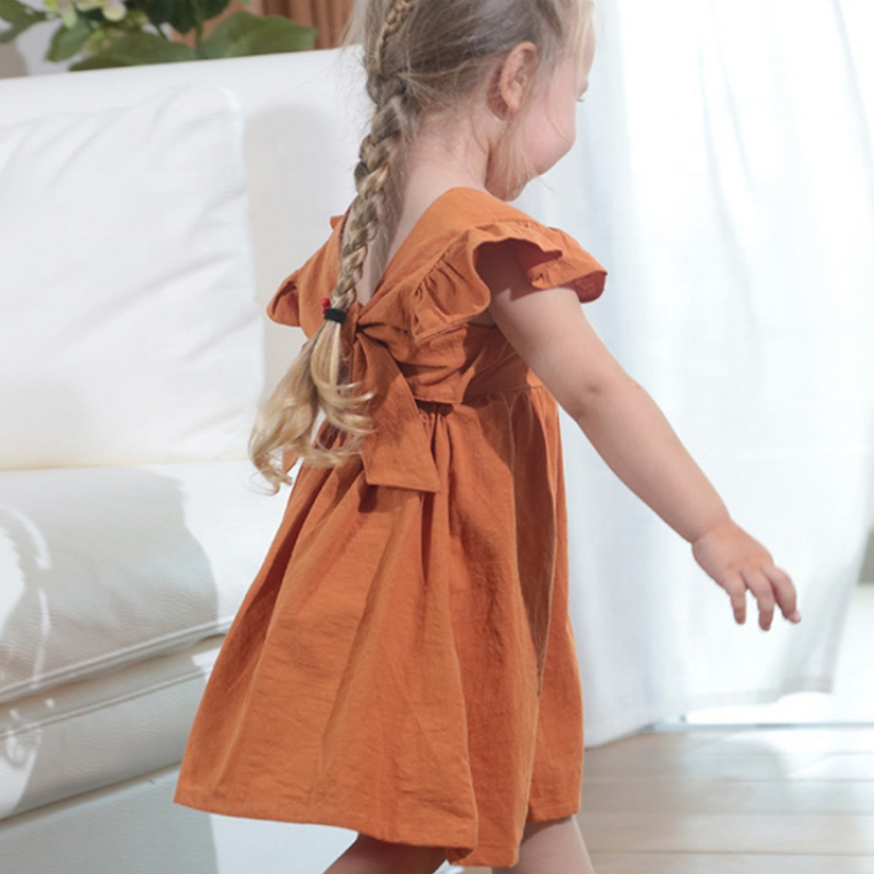 Toddler Baby Girl Dress Summer Solid Cotton Linen Halter Flutter Sleeve Bow Kids Casual Dresses