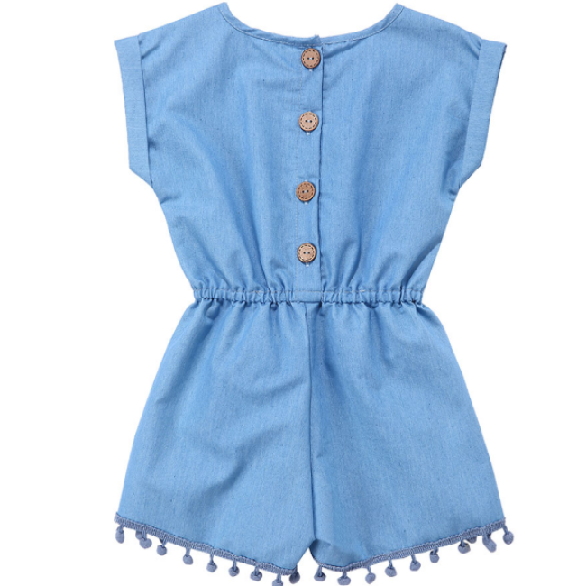 Wholesale trending baby denim clothing pompoms jumpsuit for baby and girls and toddler solid romper unisex baby clothes