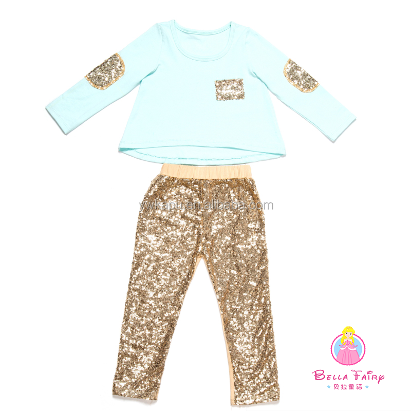 Factory Sale Baby Autumn Outfits Long Sleeves Cotton Top With Sequin Leggings