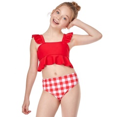 2021 blue red oranje ruffle high waist swimsuit two piece plaid bikini