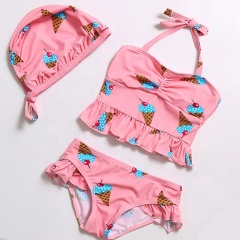 2021 new trendy 3 pc pink yellow blue red swimwear print ruffle tassel bikini