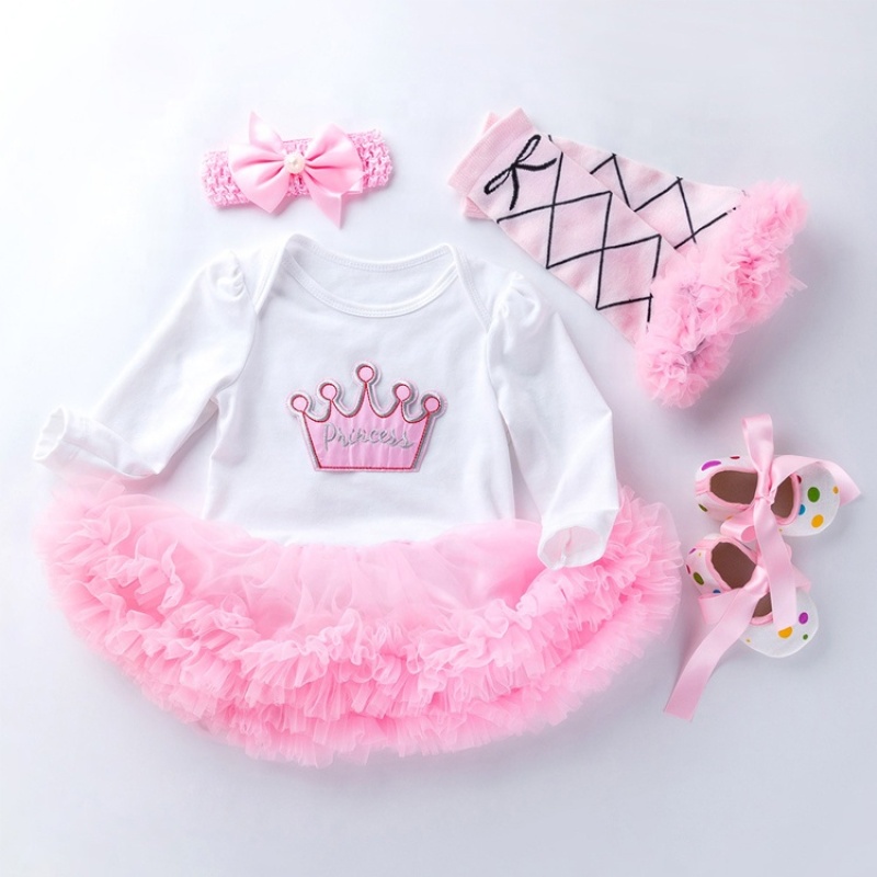 Wholesale Newborn Baby Girl Birthday Clothing Set Romper With Leg Warmer And Baby Shoes And Headband