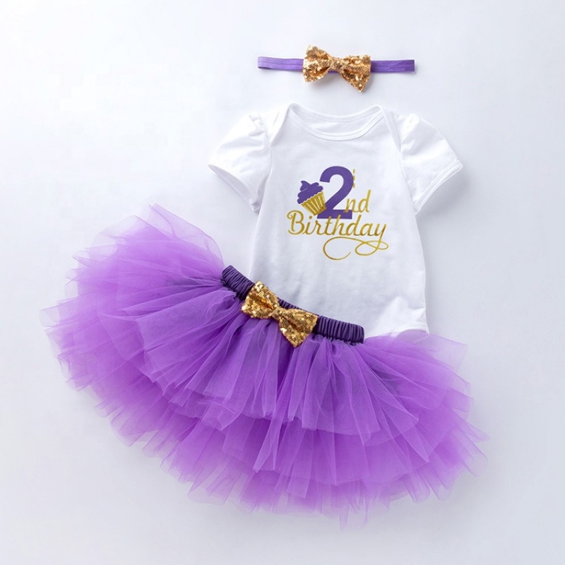 Factory Wholesale Girl Cotton Baby Romper Set With Tulle Skirts And Headband 
