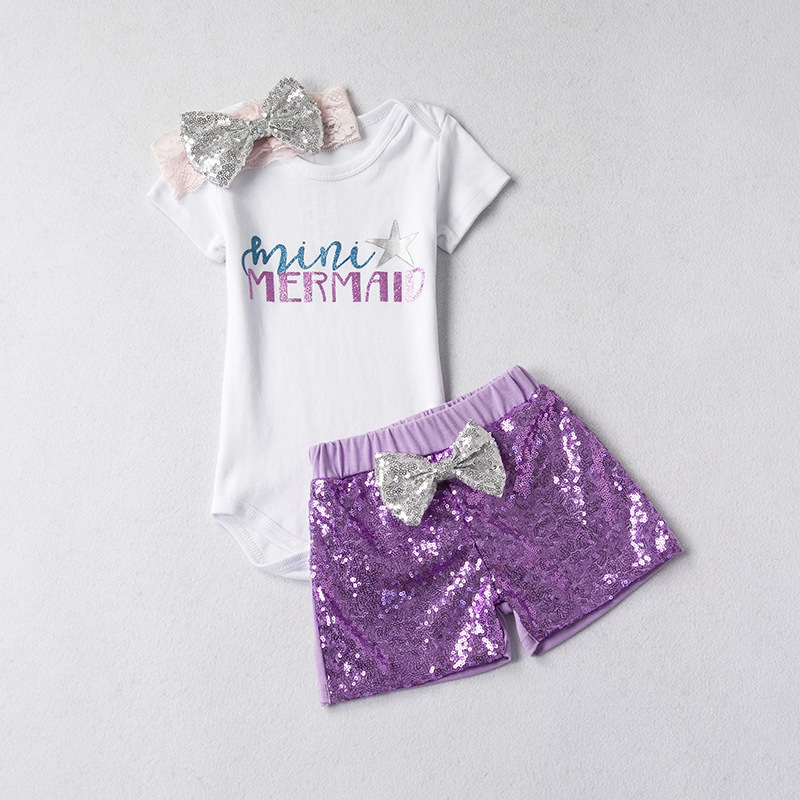 Wholesale Custom Stylish Baby Girls Letters Printed Top With Sequin Shorts Set