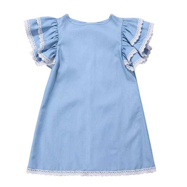 Wholesale Cotton Lace Denim Dress Girls With Short Ruffle Sleeves