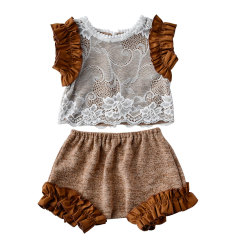 Fall Toddler Baby Girl Boutique Clothing Lace Sets With Ruffle Shoulder And Lace Pants