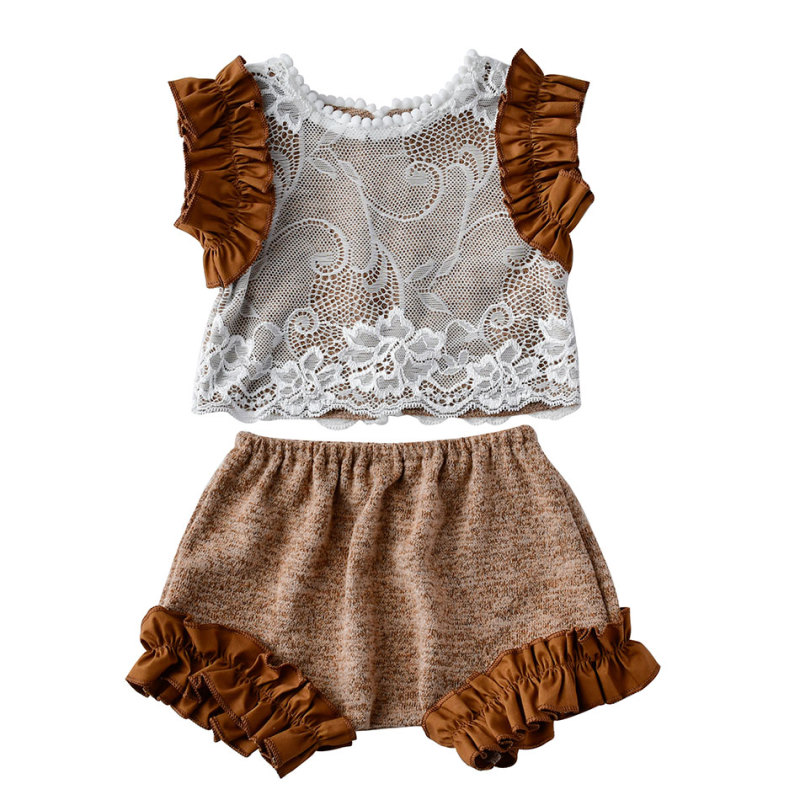 Fall Toddler Baby Girl Boutique Clothing Lace Sets With Ruffle Shoulder And Lace Pants