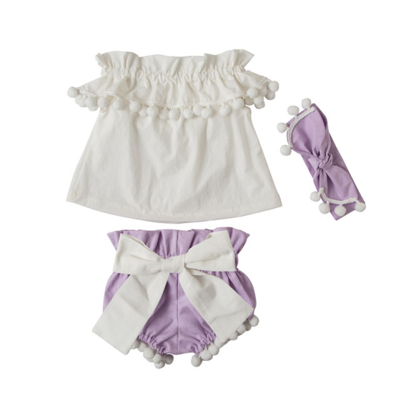 Factory Direct Sale Baby Girl Off Shoulder Pompom Clothes Sets Outfits For Summer