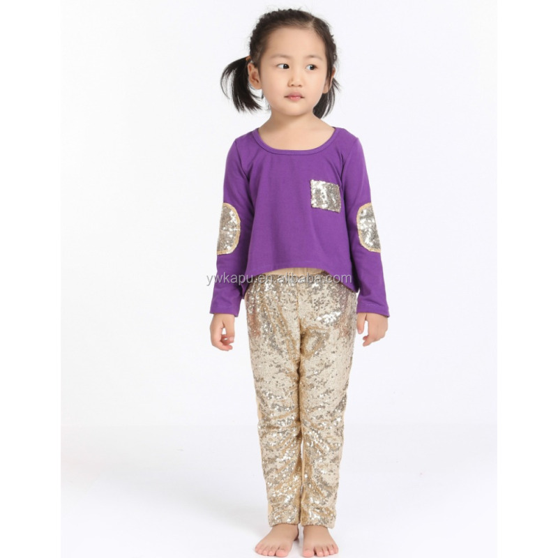 Factory Sale Baby Autumn Outfits Long Sleeves Cotton Top With Sequin Leggings