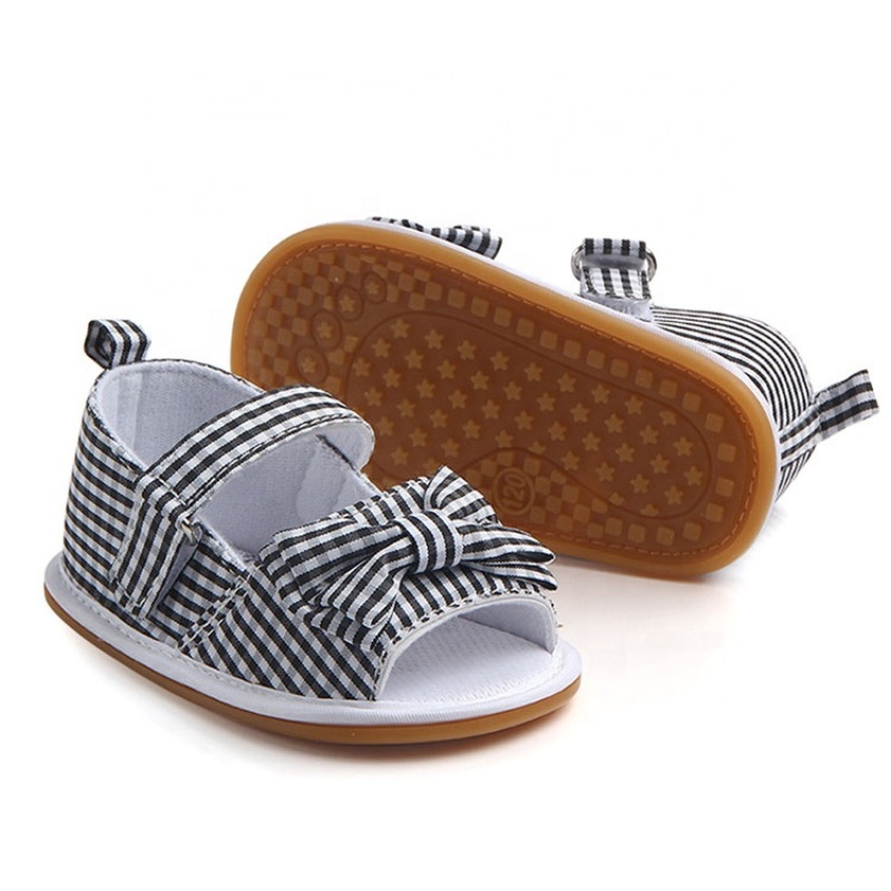 Hot selling flat buckle strap plaid  bow sandals custom new born baby shoes