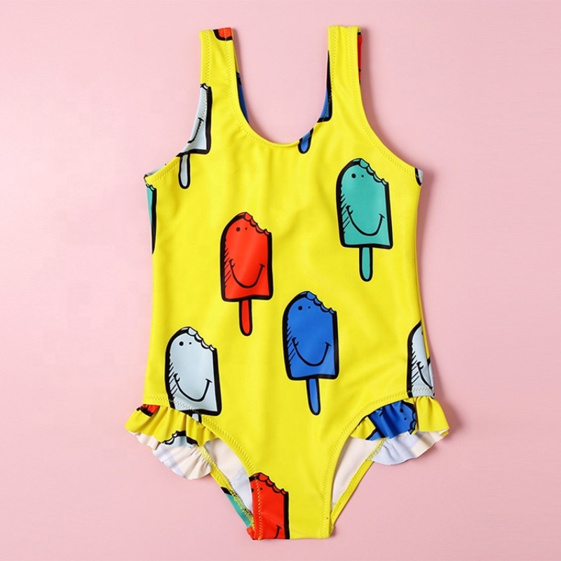 Hot selling yellow one piece custom ruffle swimsuit dress cartoon swimwear