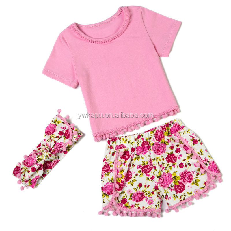 Wholesale Baby Pompom Top With Short Pants And Headband Outfit Set 