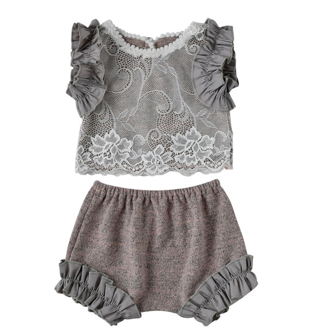 Fall Toddler Baby Girl Boutique Clothing Lace Sets With Ruffle Shoulder And Lace Pants
