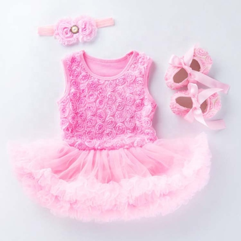 Wholesale Baby Girl Rosette Petti Dress With Baby Shoes and Headband Set For Birthday Party 