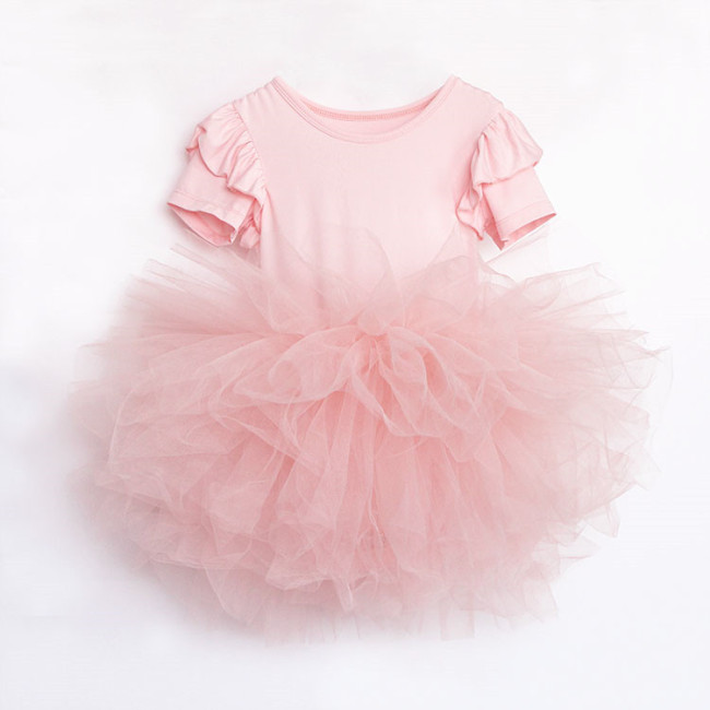 Ruffle Sleeve Cute Princess Pink Birthday Party Tutu Dance Dress For Girl