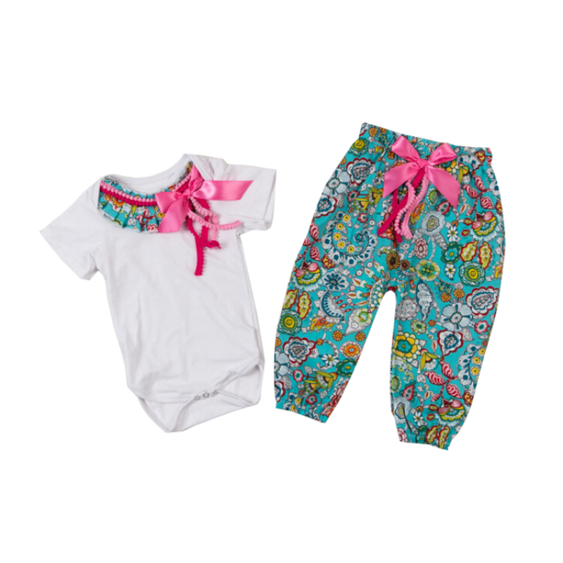Wholesale White Cotton Romper With Floral Long Pants Girl Clothing Set