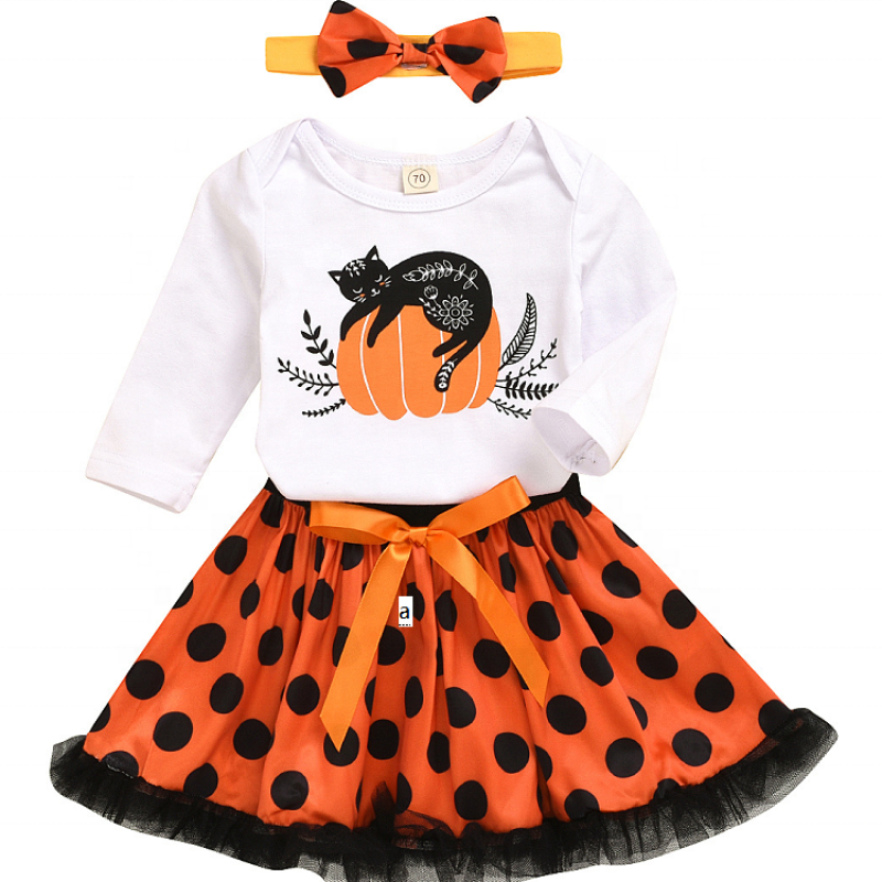 Cheap high quality trendy pumpkin polka dots toddler tutu bow skirt