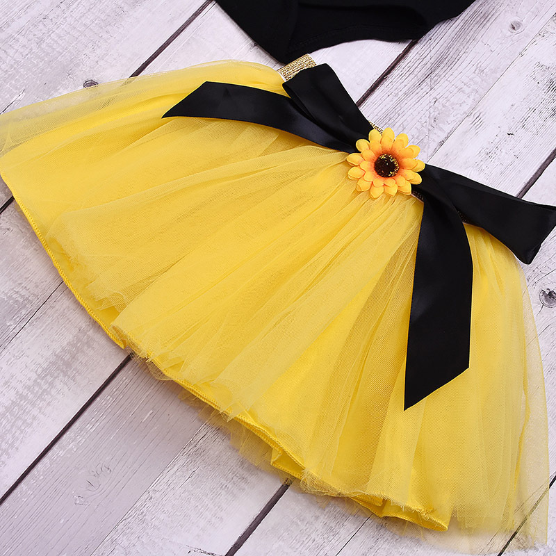 Wholesale Organic Cotton Knitted Sunflower Pattern Romper And Skirts With Headband Set