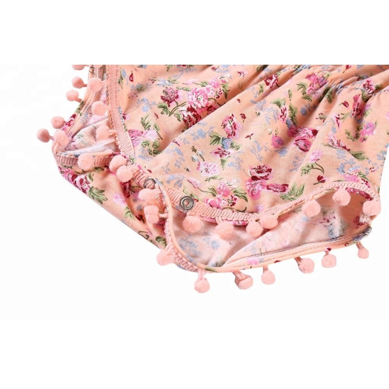 Wholesale floral Printed Ruffle Pompoms Baby girl Romper set With messy bow headband