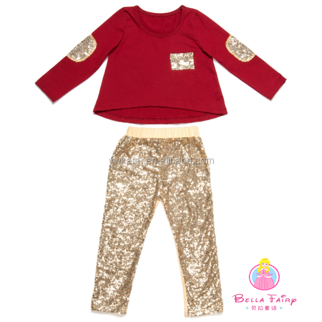 Factory Sale Baby Autumn Outfits Long Sleeves Cotton Top With Sequin Leggings