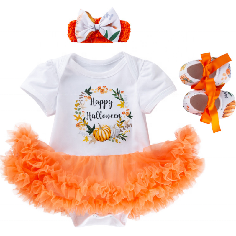 New arrival Halloween short puff sleeve girls tutu dress shoes kids clothing sets baby girl clothes