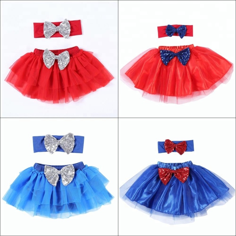 2018 Newest design chiffon fabric skirt with sequin headband set 4th of July tutu skirts for girls