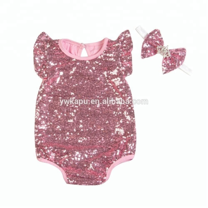 HOT Selling Summer Pretty Baby Girl's Spring Flutter Sequin Sleeve Romper with headband
