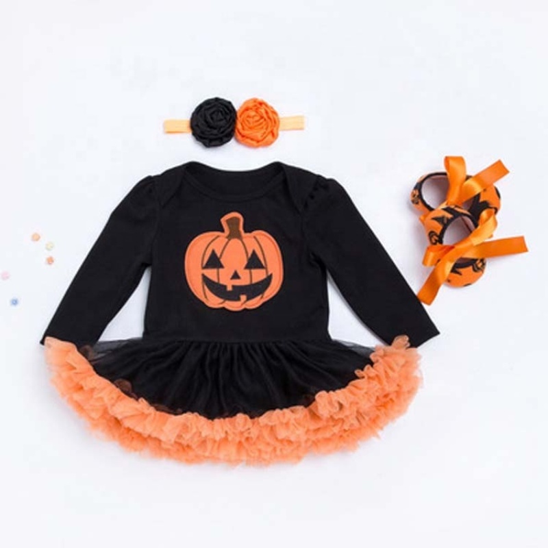 2021 fall black little girls pumpkin printed clothes tutu dresses 3 piece set