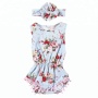 Wholesale floral Printed Ruffle Pompoms Baby girl Romper set With messy bow headband