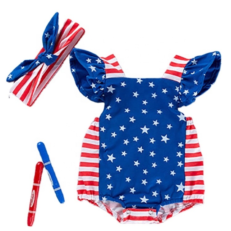 Red strips blue stars 4th of july  baby bubble romper kids clothing