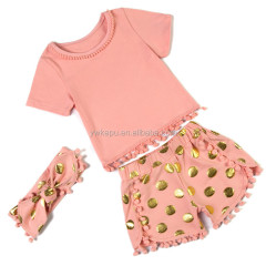 Wholesale Baby Pompom Top With Short Pants And Headband Outfit Set 